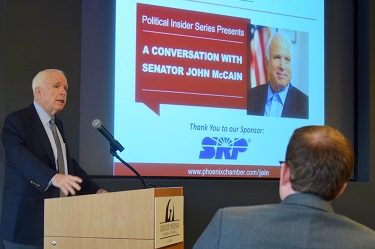 U.S. Sen. John McCain speaks to an audience of business and community leaders Aug. 16 during the Greater Phoenix Chamber of Commerce Political Insider event.