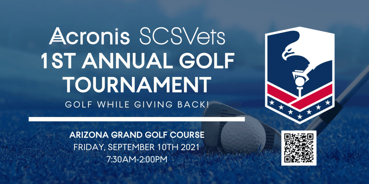 Flyer for Acronis SCSVets Golf Event with QR code for email and website information