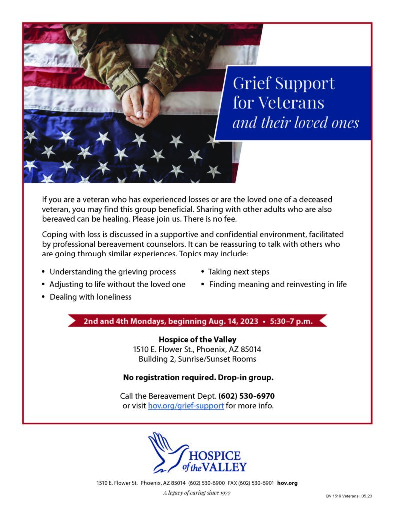 Hospice of the Valley, Grief Support for Loved Ones and their Families flyer
