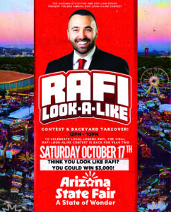 Promotional poster for Rafi Look-A-Like contest at Arizona State Fair, featuring a smiling man in a suit with a cityscape background.