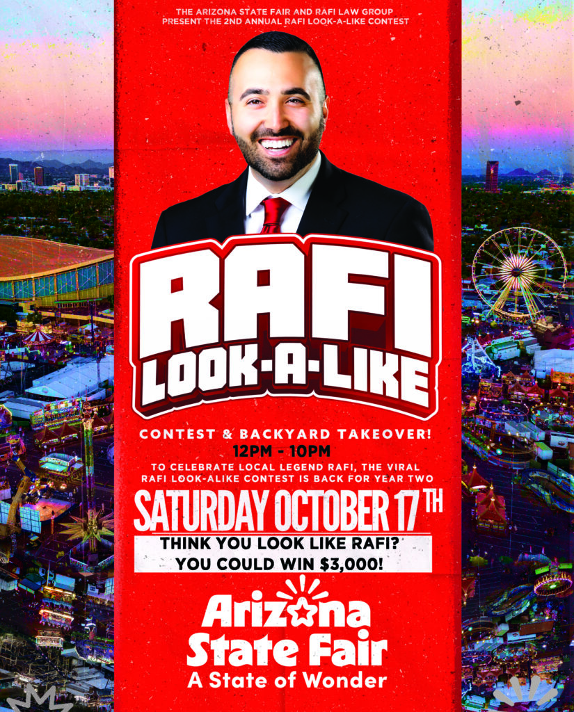 Promotional poster for Rafi Look-A-Like contest at Arizona State Fair, featuring a smiling man in a suit with a cityscape background.